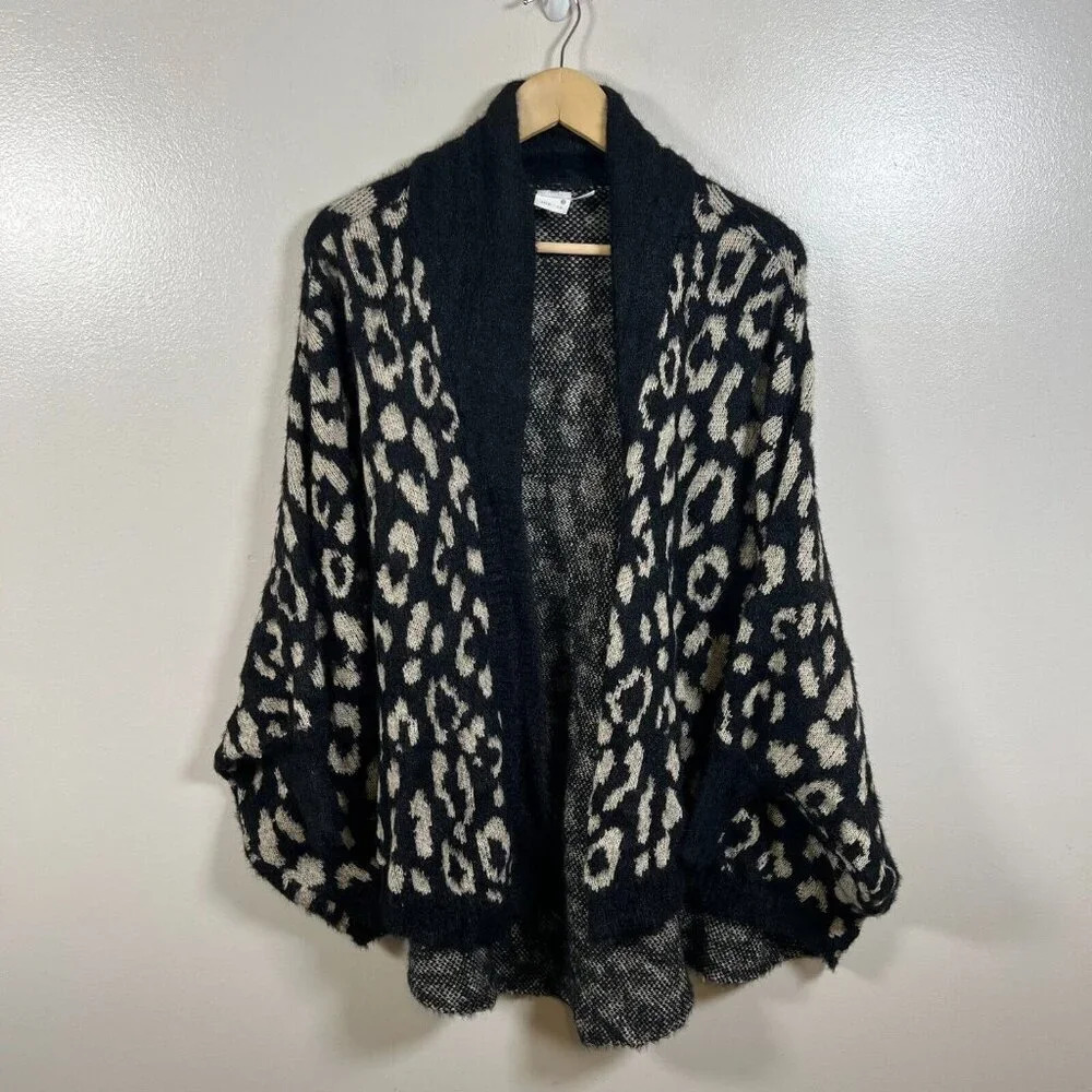 Akemi + Kin Louise Leopard Wrap Cardigan Sweater One Size Black Oversized Cozy